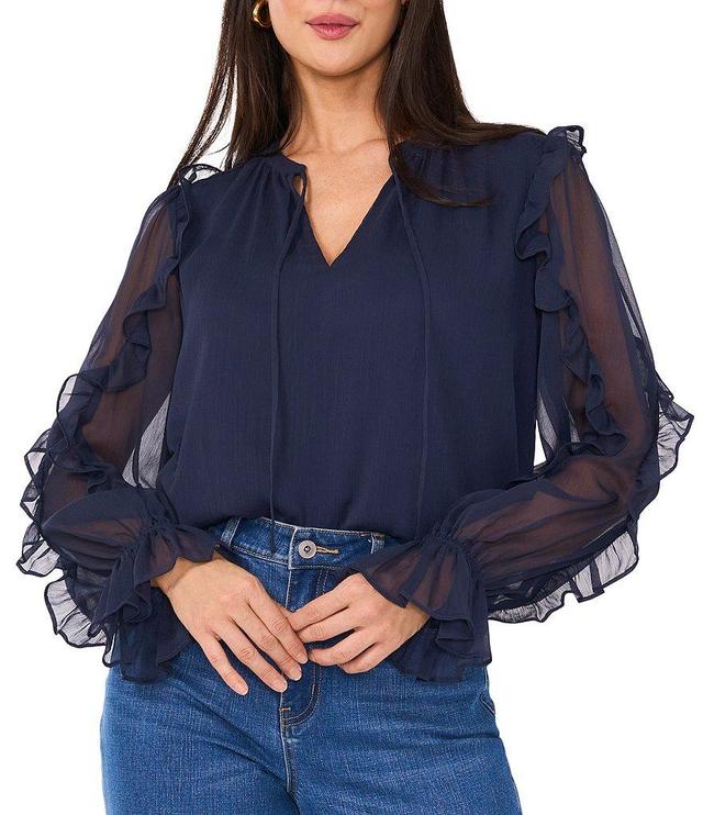 1. STATE V Neck Long Sheer Ruffle Sleeve Blouse Product Image