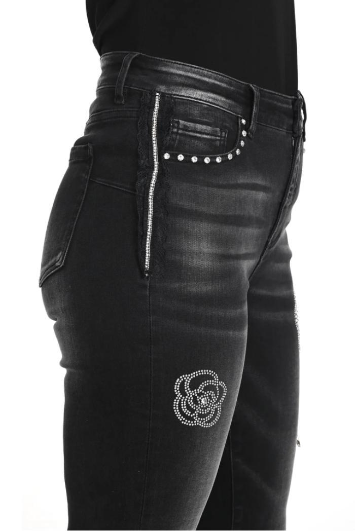 Charcoal Stretch Jean with Crystal Flower and Lace Embellishment Product Image