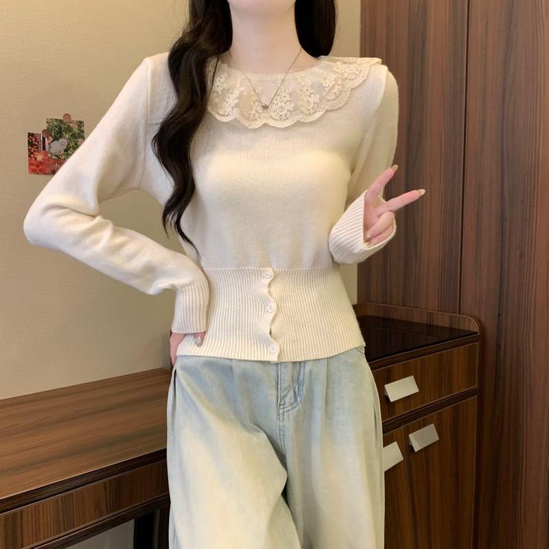 Long-Sleeve Lace Panel Button Hem Knit Top Product Image