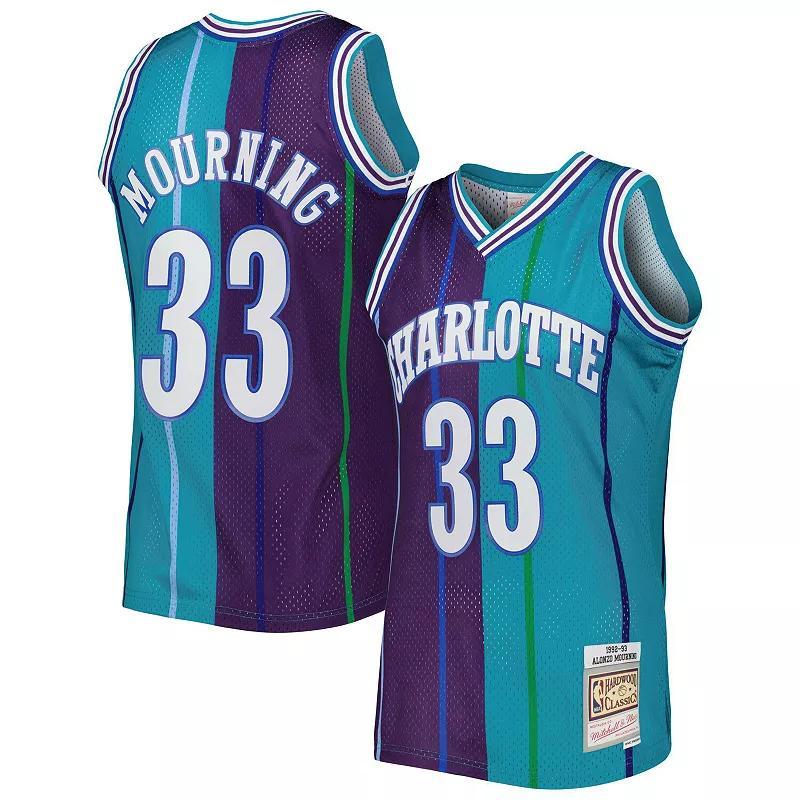 Mens Mitchell & Ness Alonzo Mourning Teal/Teal Charlotte Hornets Hardwood Classics 1992/93 Split Swingman Jersey Product Image