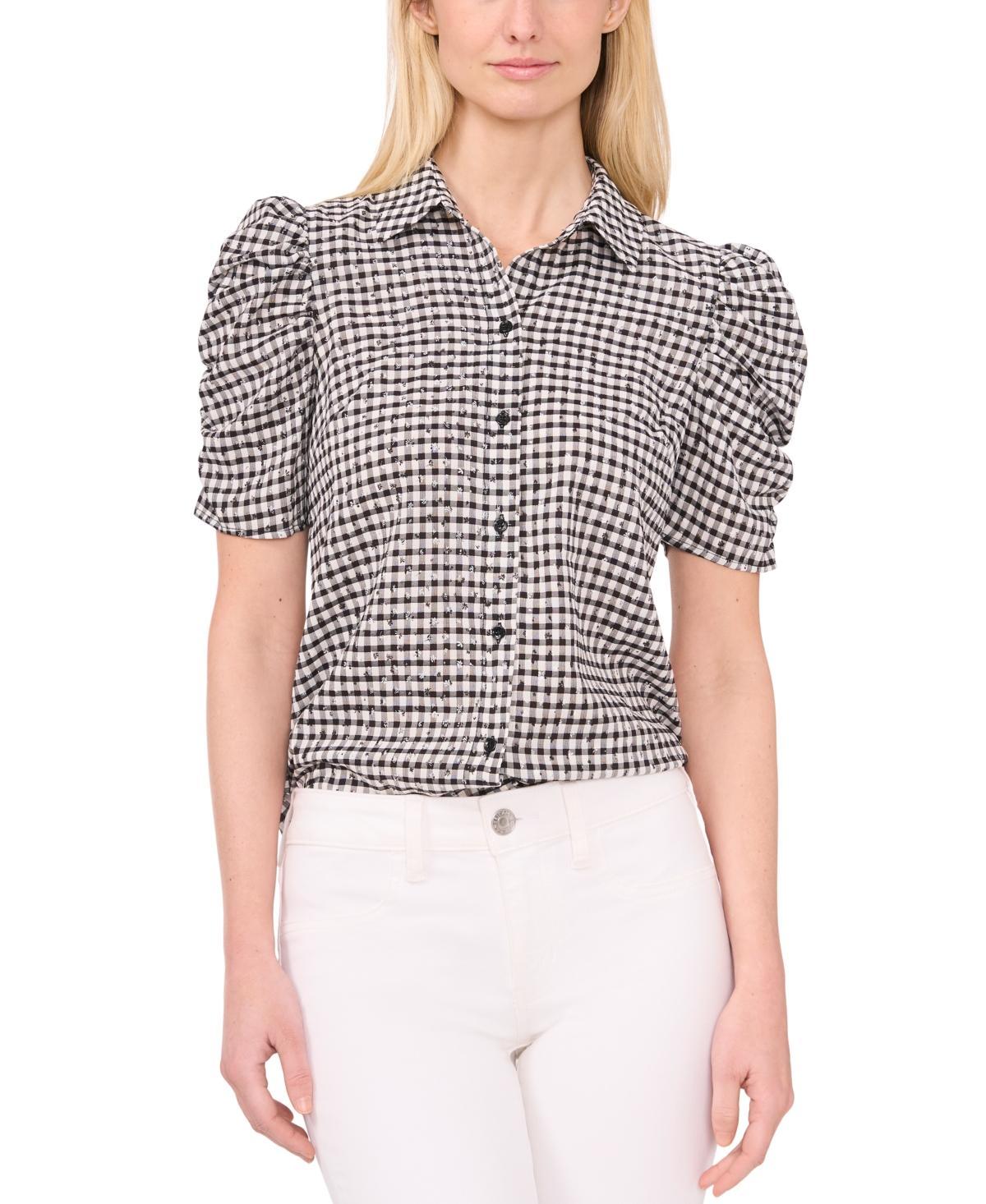 CeCe Womens Ruched Sleeve Collared Button Down Blouse product image