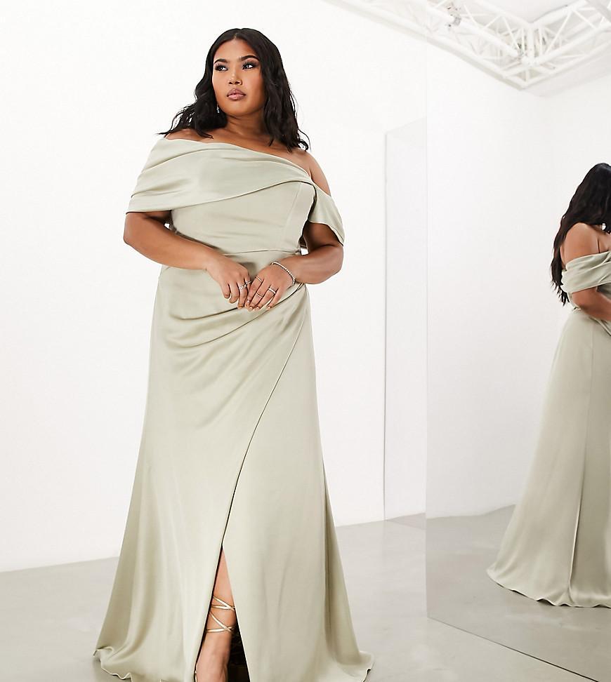 ASOS DESIGN Bridesmaid Curve satin bardot drape wrap maxi dress in sage green  Product Image