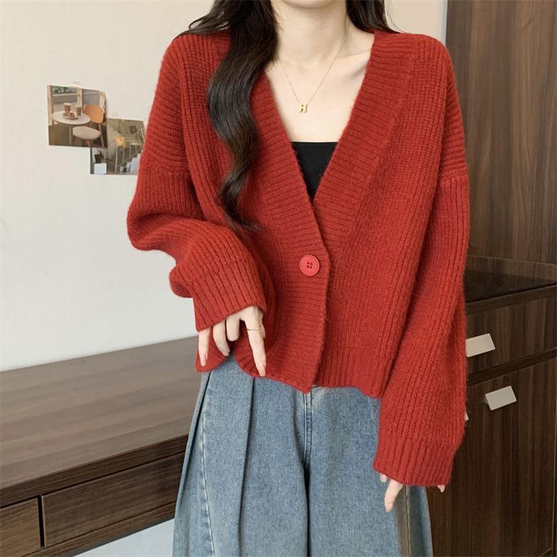 V-Neck Plain Ribbed Single-Button Cardigan Product Image