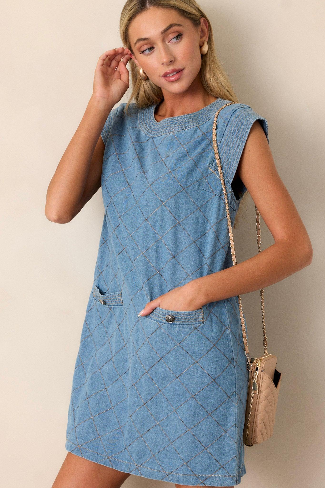 Just Wondering Light Chambray Quilted Mini Dress Product Image