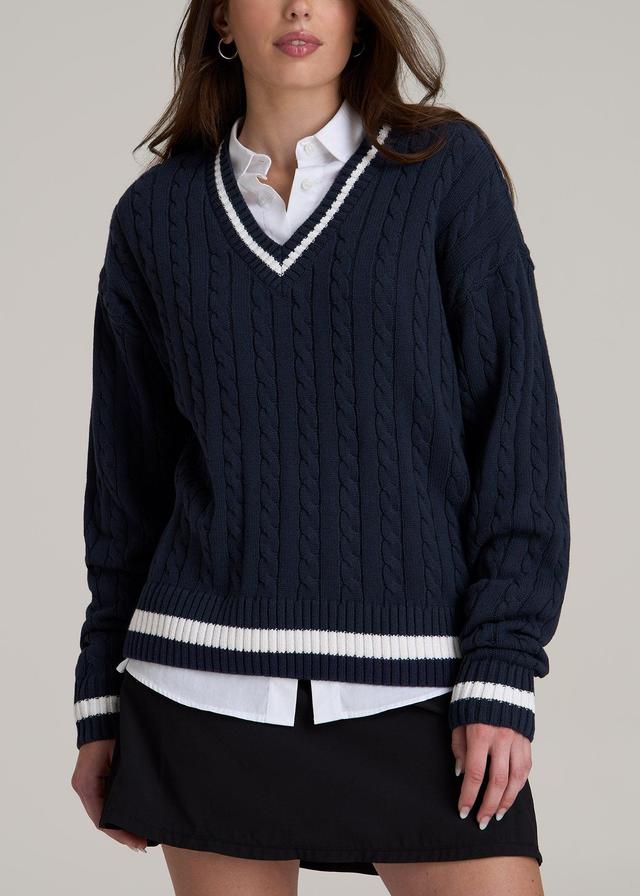 V-Neck Collegiate Sweater for Tall Women in Navy and Bright White Female Product Image