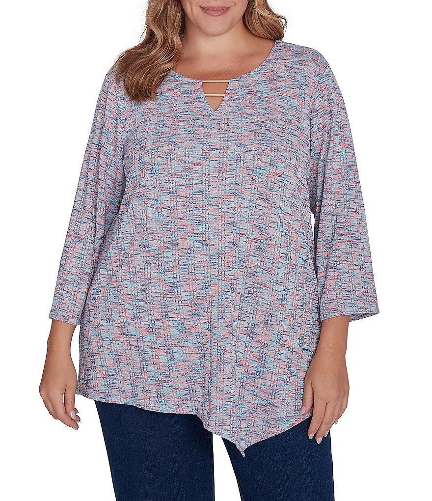 Ruby Rd. Plus Size Printed Keyhole Double Bar Detail 3/4 Sleeve Drop Needle Knit Top Product Image