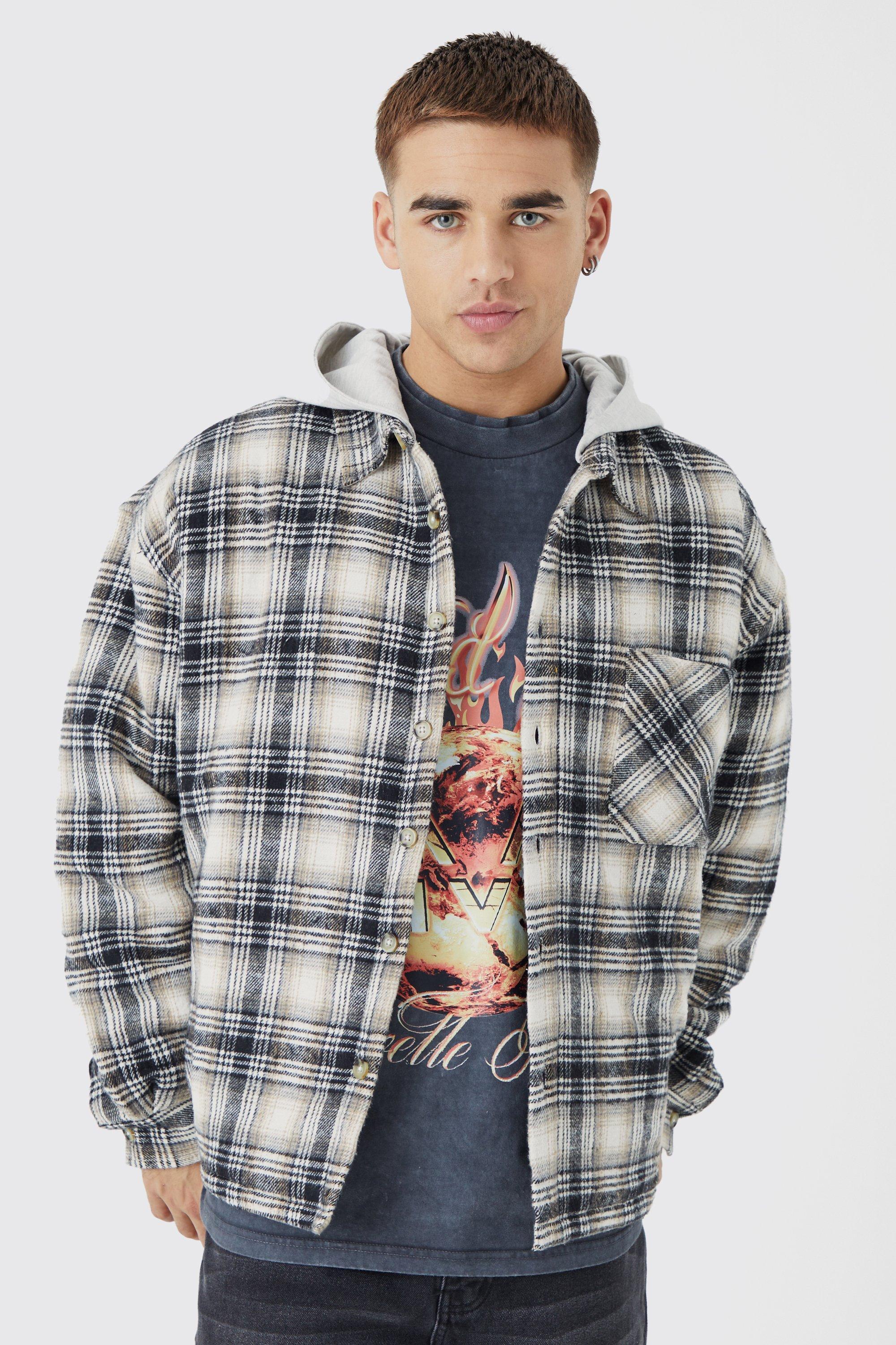 Mens Multi Oversized Detachable Hood Quilted Check Shirt, Multi Product Image