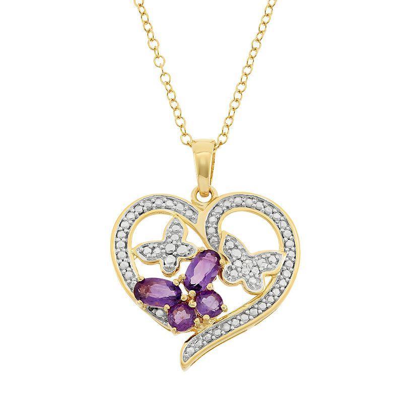 Amethyst 18k Gold Over Silver Butterfly Heart Pendant Necklace, Womens Purple Product Image