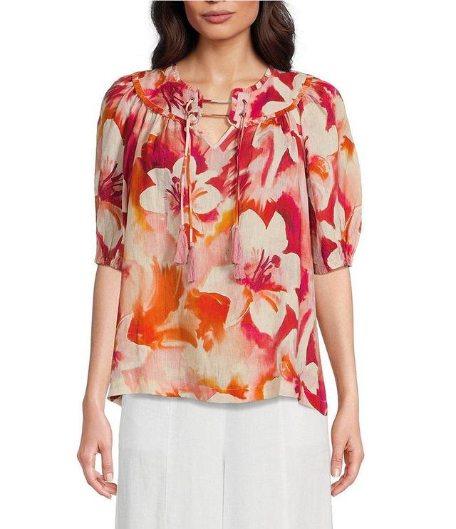 tyler boe Margarita Linen Painterly Floral Print Split Round Neck Balloon Sleeve Blouse Product Image