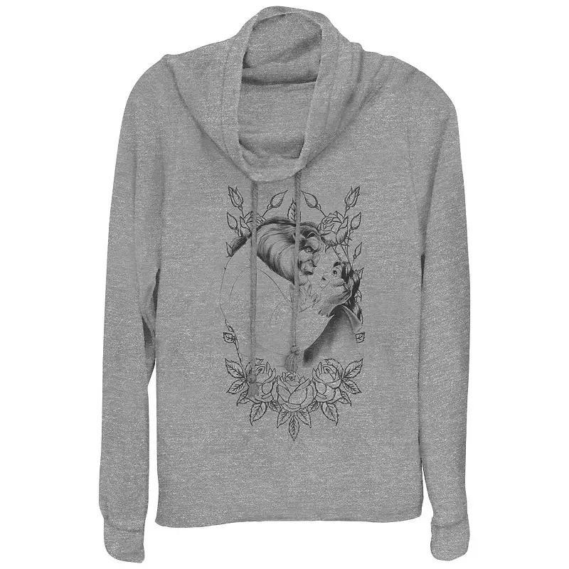 Disneys Beauty And The Beast Belle And Beast Rose Sketch Womens Cowlneck Graphic Lightweight Long Sleeve Gray Grey Product Image