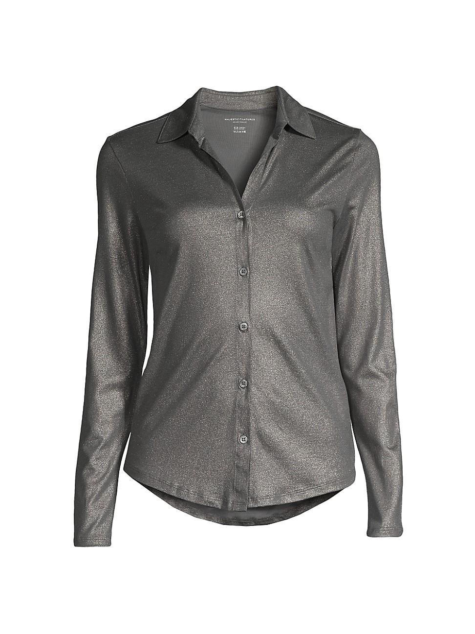 Womens Metallic Button-Front Shirt Product Image