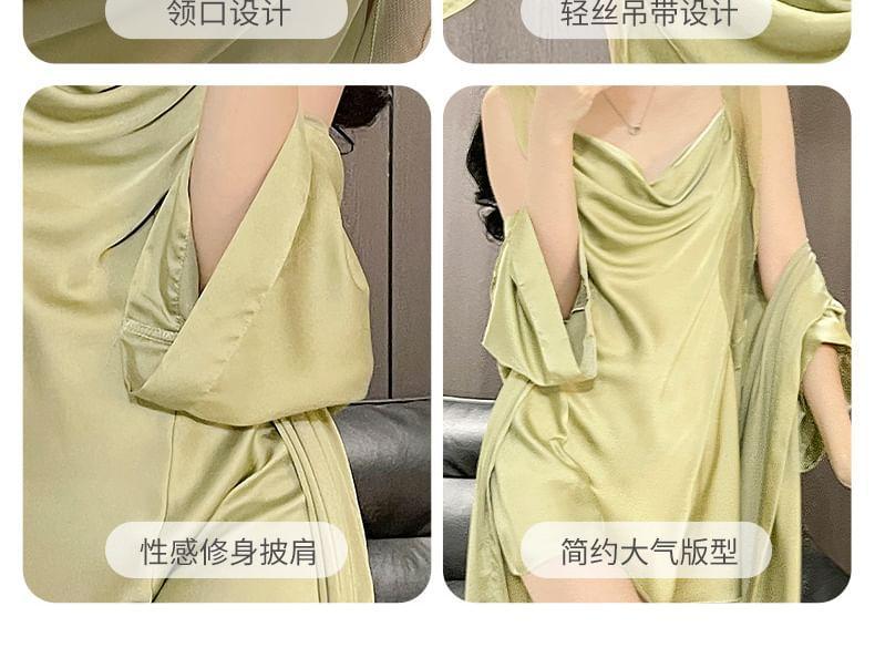 Sleeveless Cowl Neck Plain Open Back Nightdress / Pajama Robe / Set Product Image