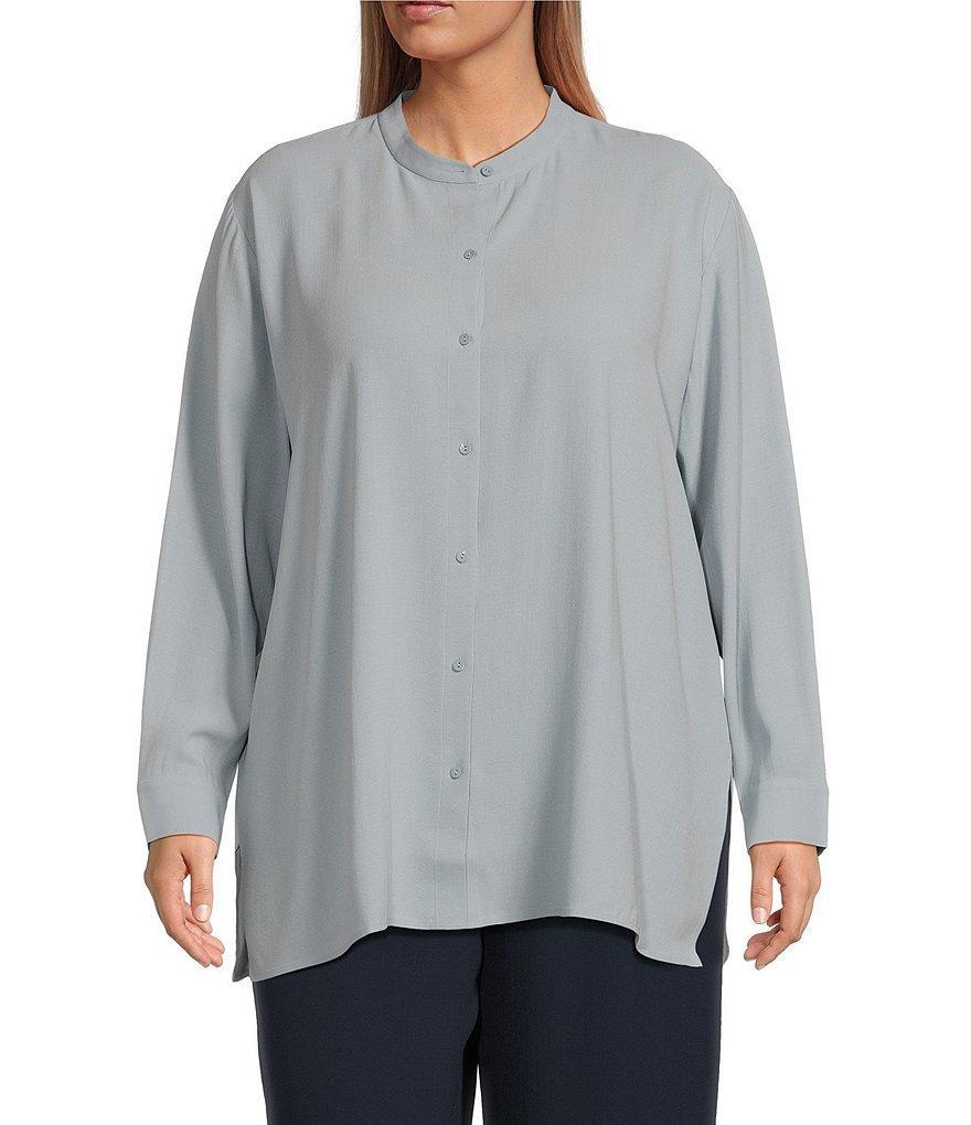 Eileen Fisher Plus Size Silk Georgette Crepe Mandarin Collar Long Sleeve Button-Front Shirt Product Image