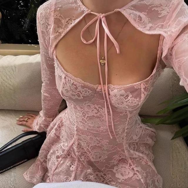 Set: Long-Sleeve Lace Shrug + Spaghetti Strap Scoop Neck Mini A-Line Dress Product Image