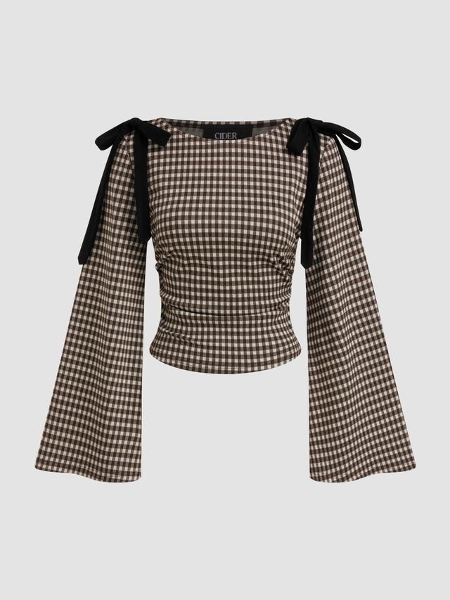 Boat Neck Gingham Bowknot Ruched Long Sleeve Top Product Image