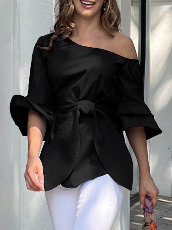 Flared Sleeves Asymmetric Knot Solid Color One-shoulder Blouses&shirts Tops Product Image