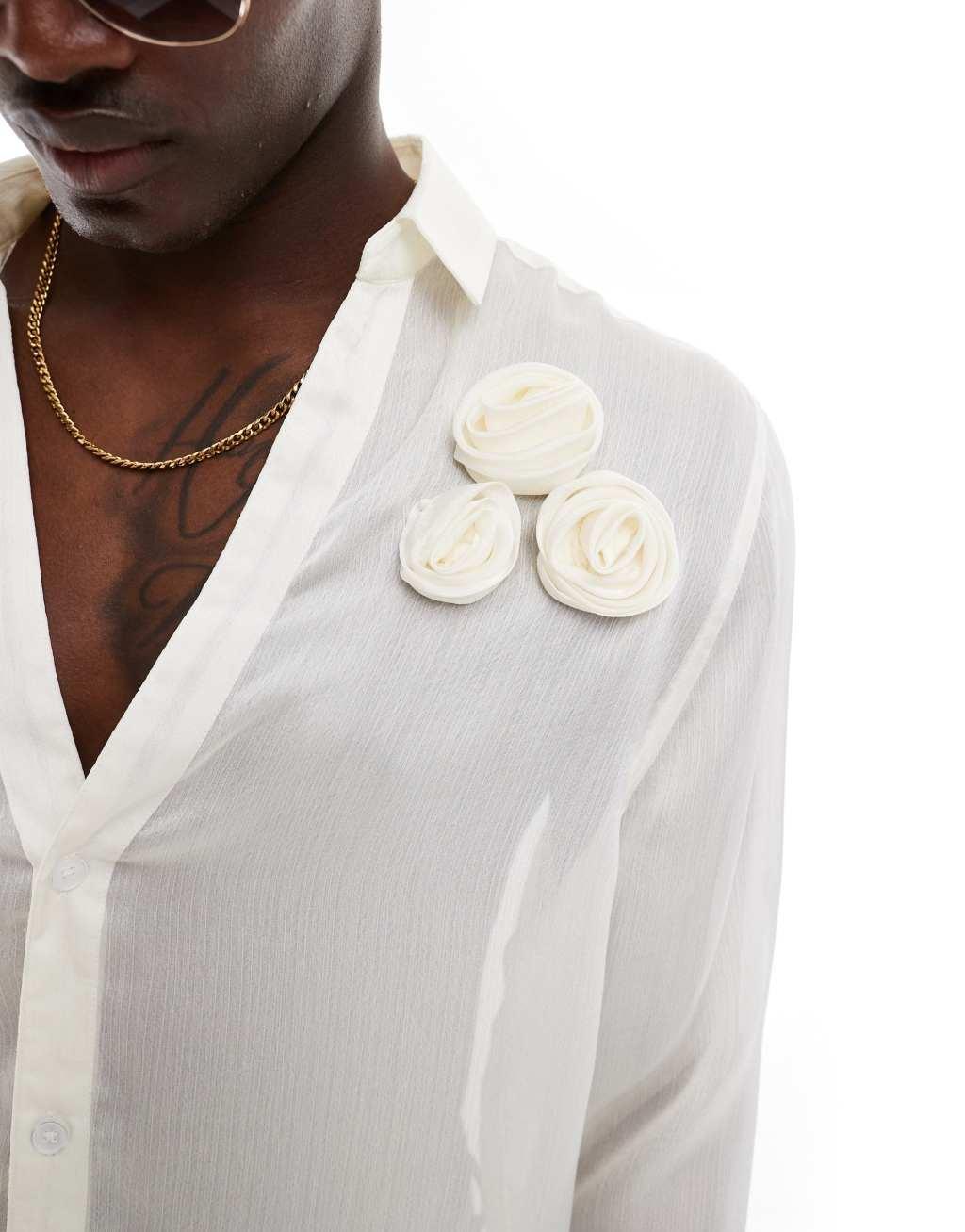 ASOS DESIGN relaxed low collared shirt with applique flowers in cream Product Image