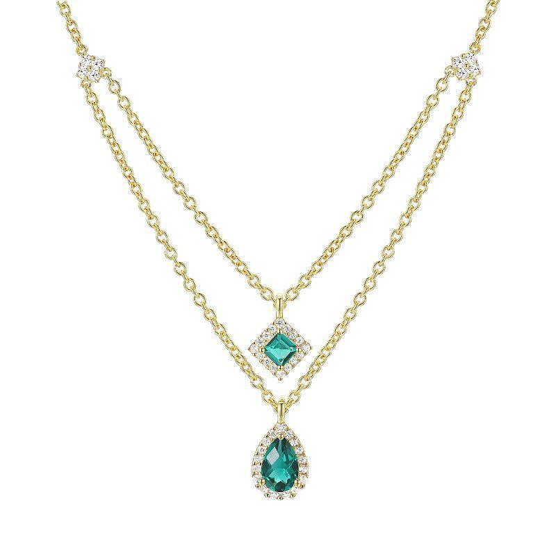 14k Gold Over Silver Lab-Created Emerald & White Sapphire Double Layer Necklace, Womens Green Product Image