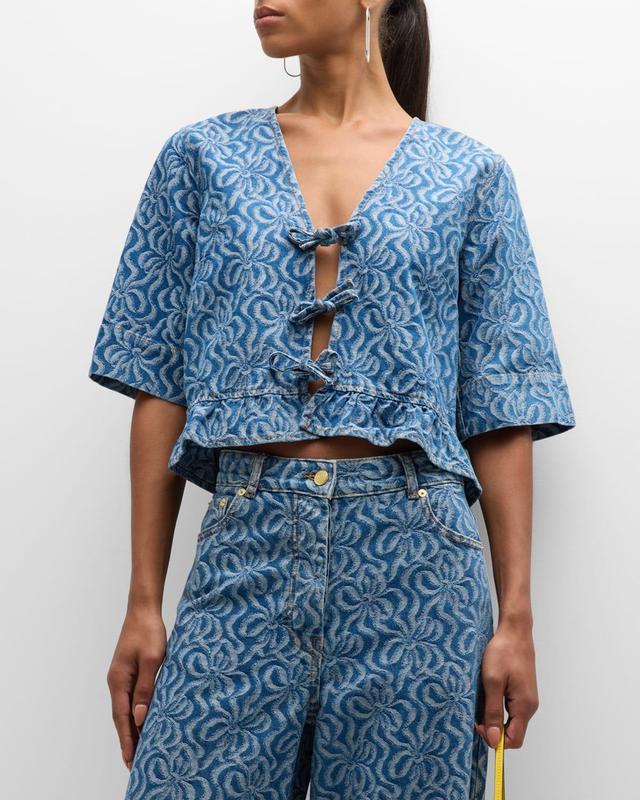 Womens Jacquard Denim Tie-Front Blouse Product Image