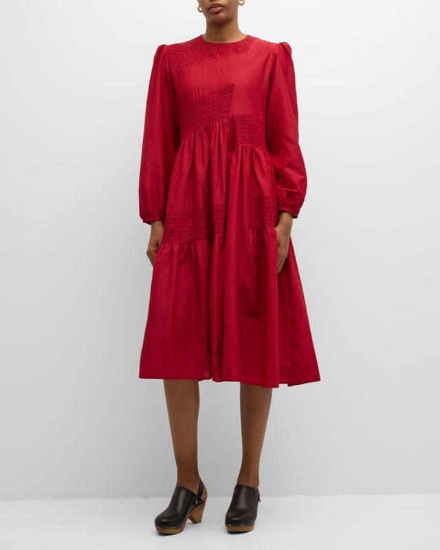 Smocked Blouson-Sleeve Midi Dress Product Image