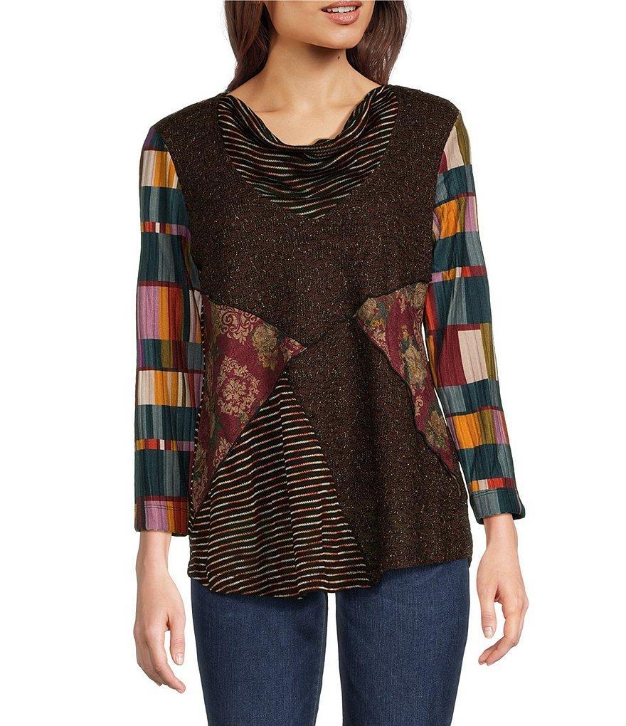 Ali Miles Mixed Media Patch Cowl Neck 3/4 Sleeve Tunic Product Image