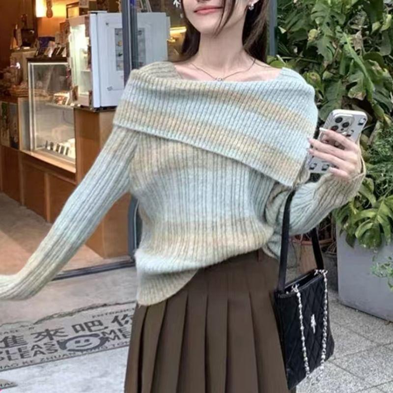 Long-Sleeve Boat Neck Striped Ribbed Knit Top Product Image