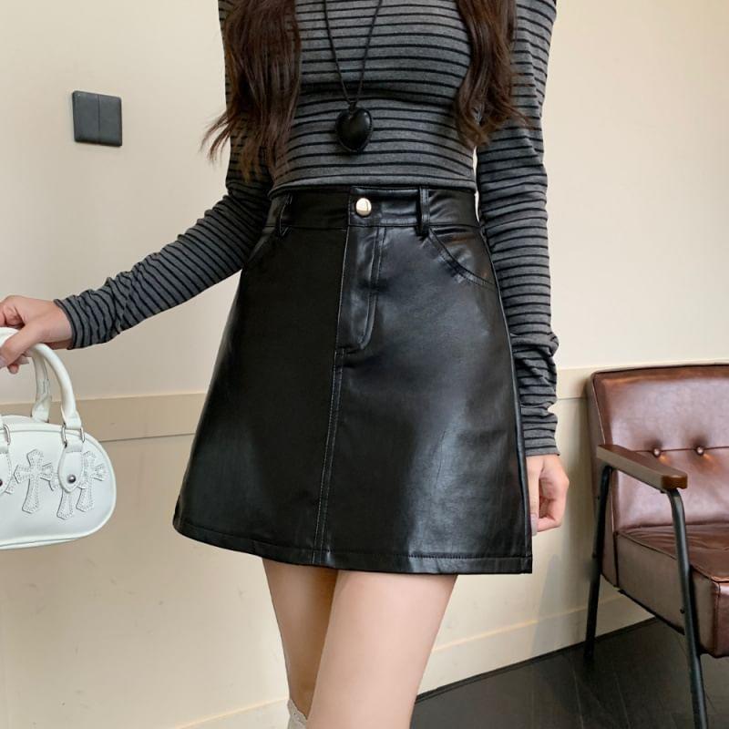 Faux Leather High Waist Plain Mini A-Line Skirt Product Image