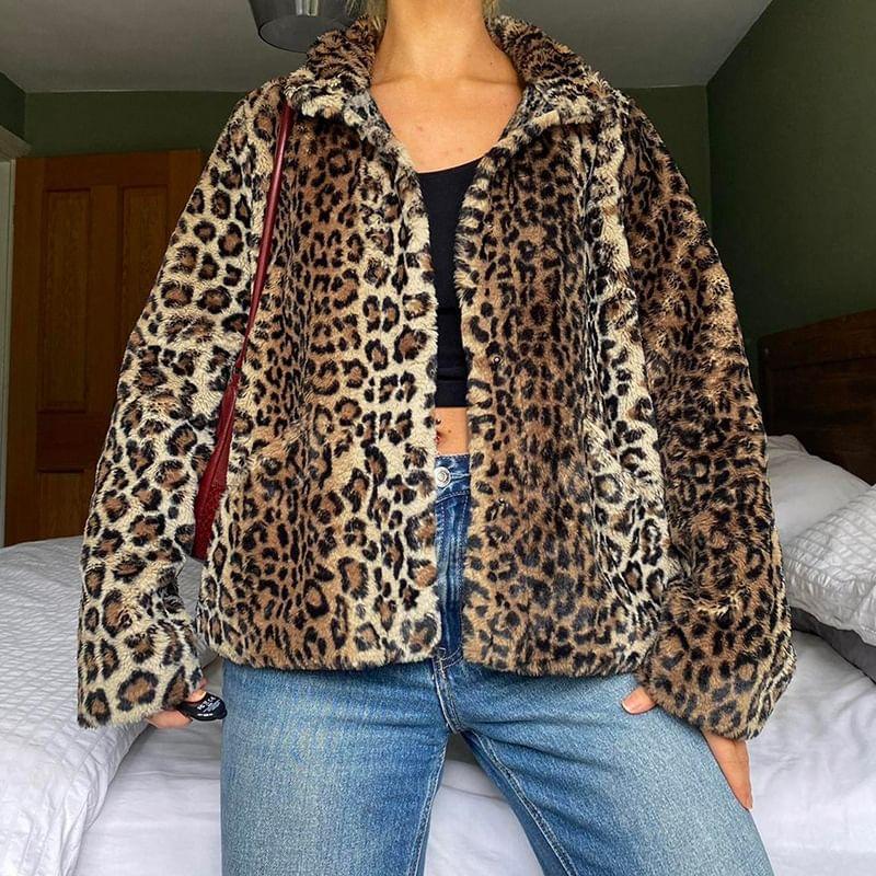 Stand Collar Leopard Print Fluffy Button-Up Jacket Product Image