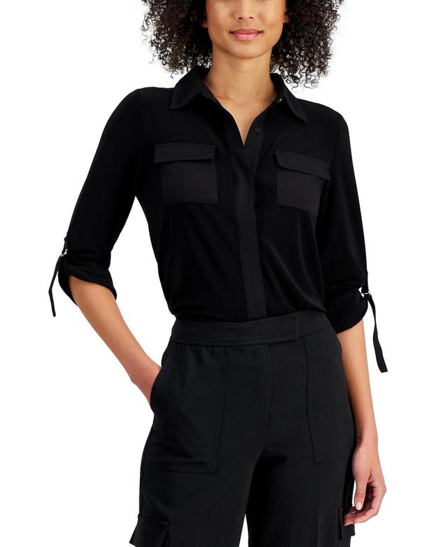 Anne Klein Womens Convertible-Sleeve Utility Shirt Product Image