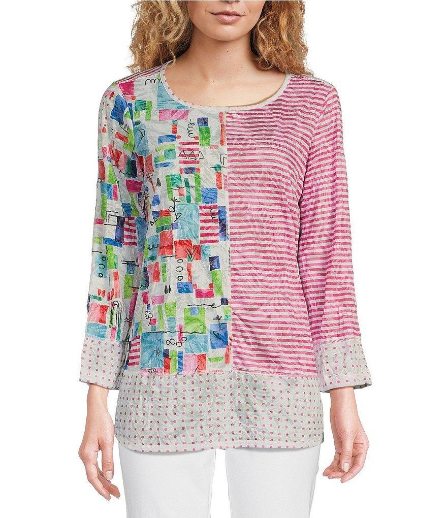 Ali Miles Abstract Printed Burnout Crinkle Knit Round Neck 3/4 Sleeve Tunic Product Image