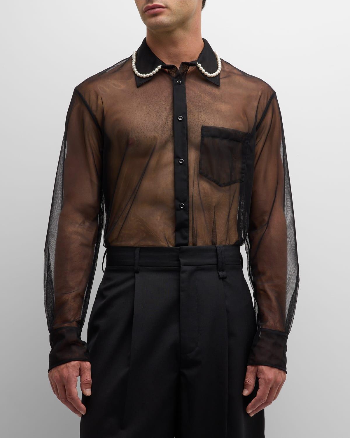 Men's Sheer Button-Down Shirt with Beading Product Image