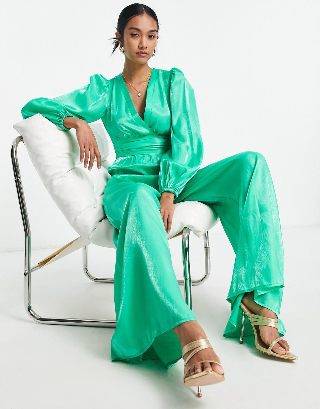 Topshop ruched waist plunge satin jumpsuit in green Product Image