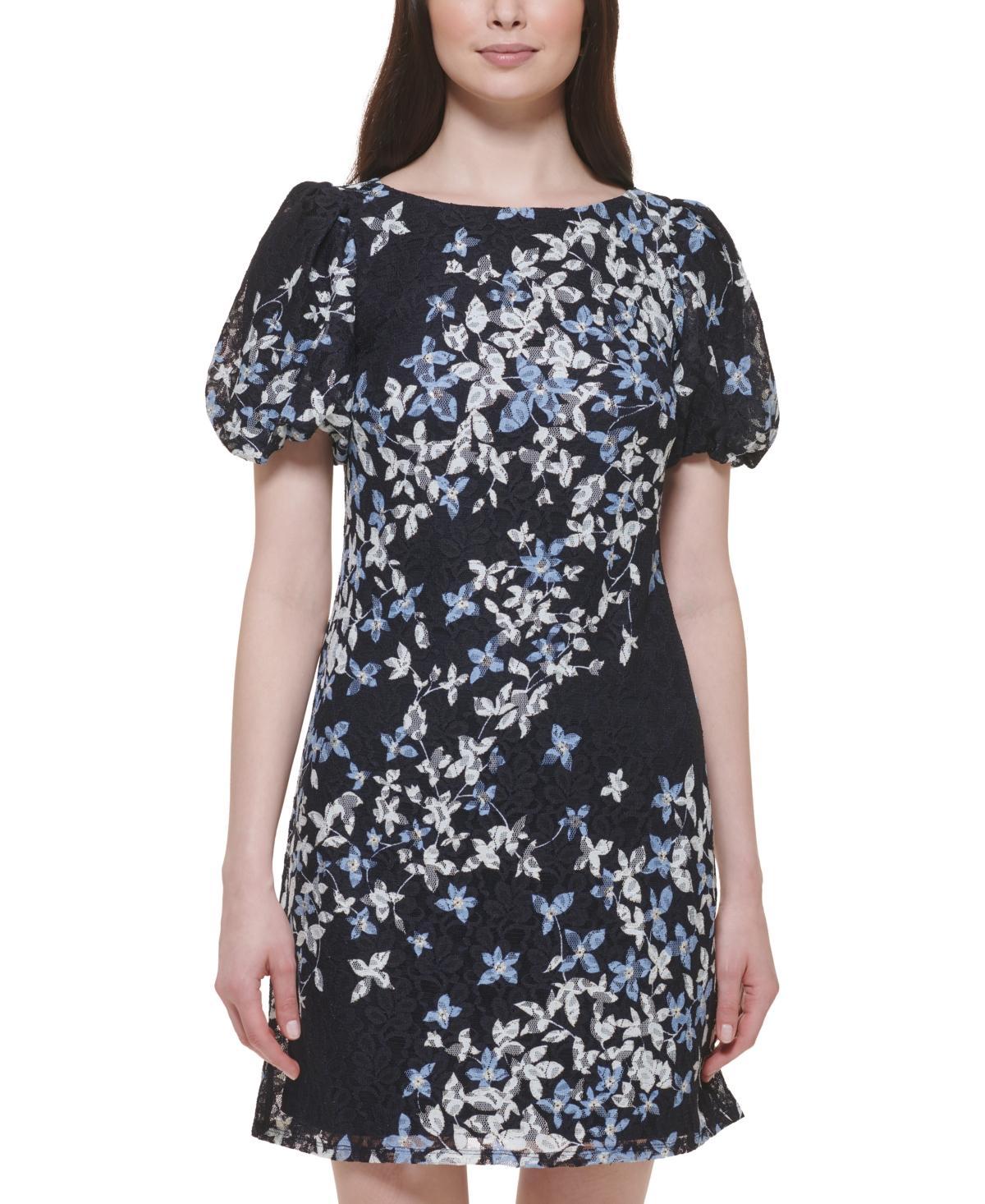 Jessica Howard Womens Floral-Print Puff-Sleeve Lace Sheath Dress Product Image