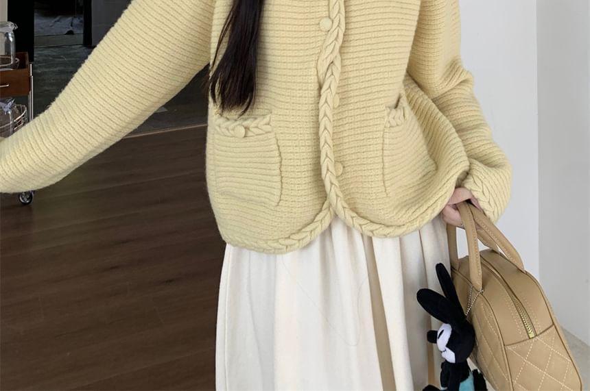 V-Neck Plain Braided Trim Cardigan / Long Sleeve Mock Neck Plain Knit Maxi A-Line Dress Product Image