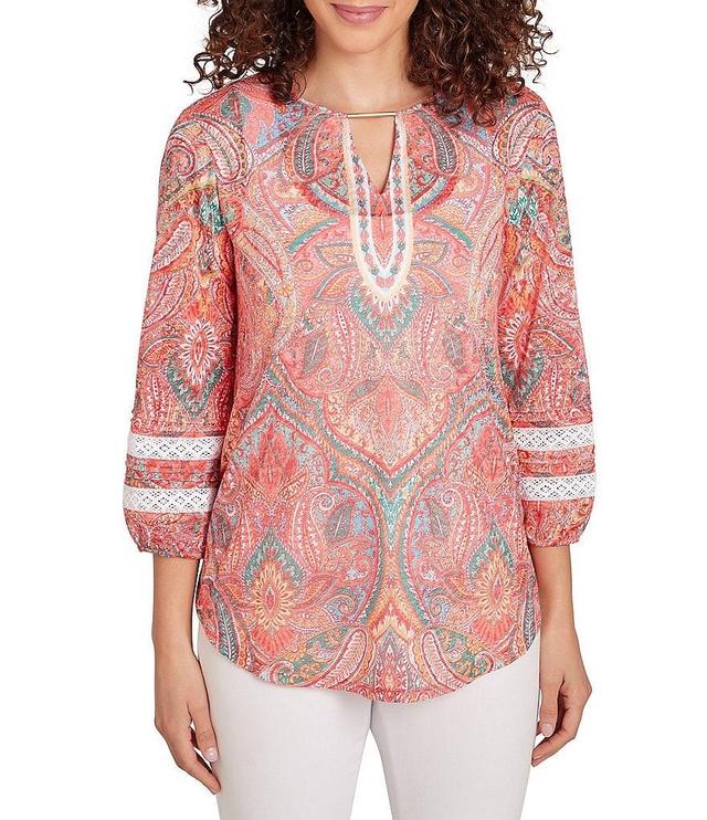 Ruby Rd. Petite Size Knit Paisley Print Keyhole Neck 3/4 Sleeve Lace Inset Top Product Image