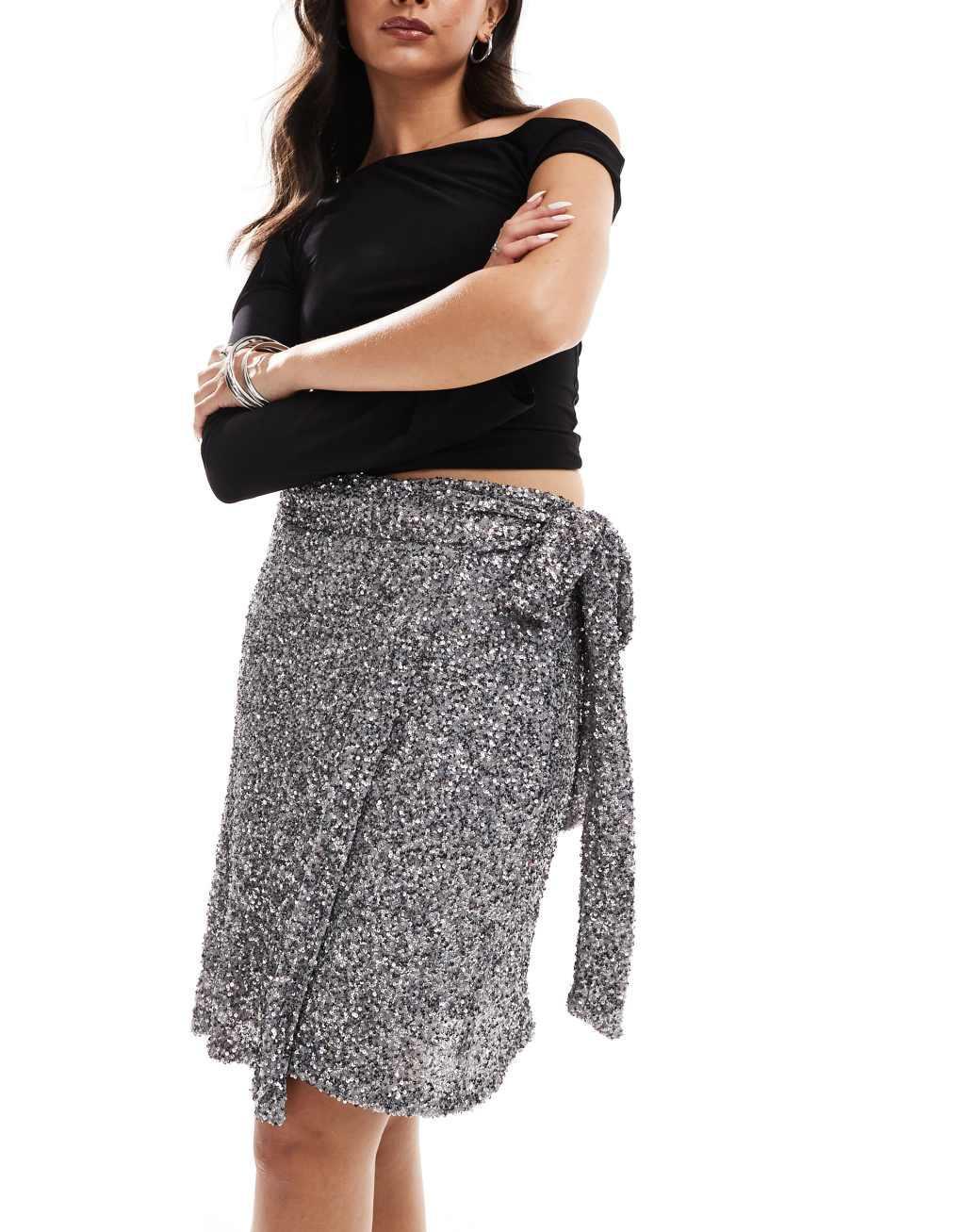 Never Fully Dressed Jaspre sequin wrap mini skirt in gunmetal  Product Image