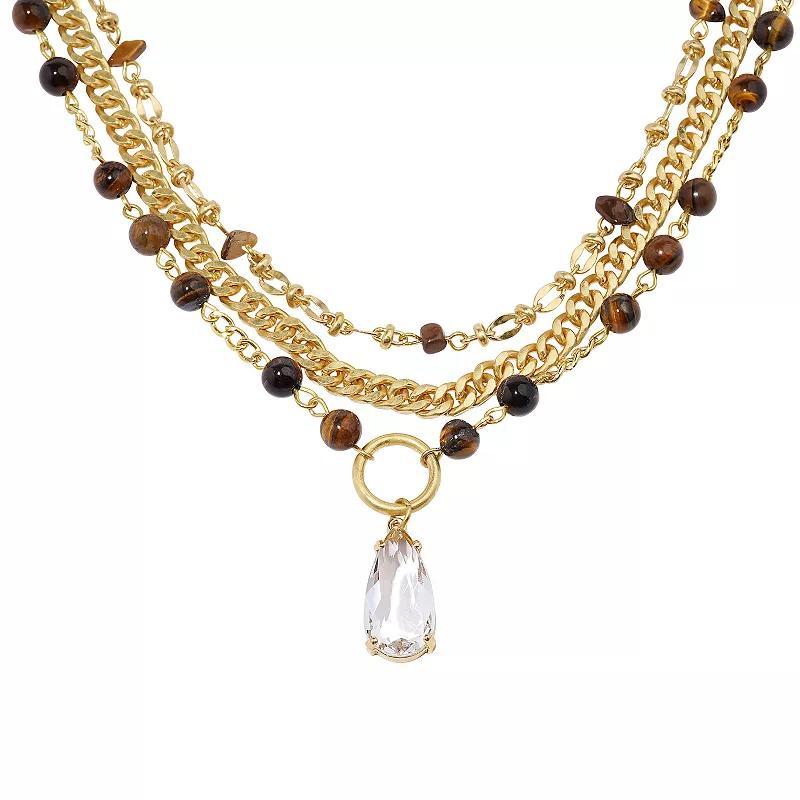 Sonoma Goods For Life Gold Tone 3-Row Beads & Crystal Teardrop Necklace, Womens, Brown Product Image