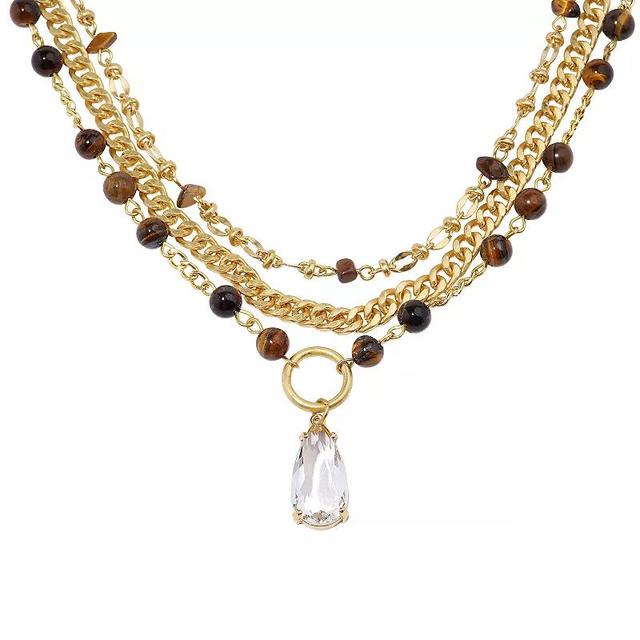 Sonoma Goods For Life Gold Tone 3-Row Beads & Crystal Teardrop Necklace, Womens, Brown Product Image