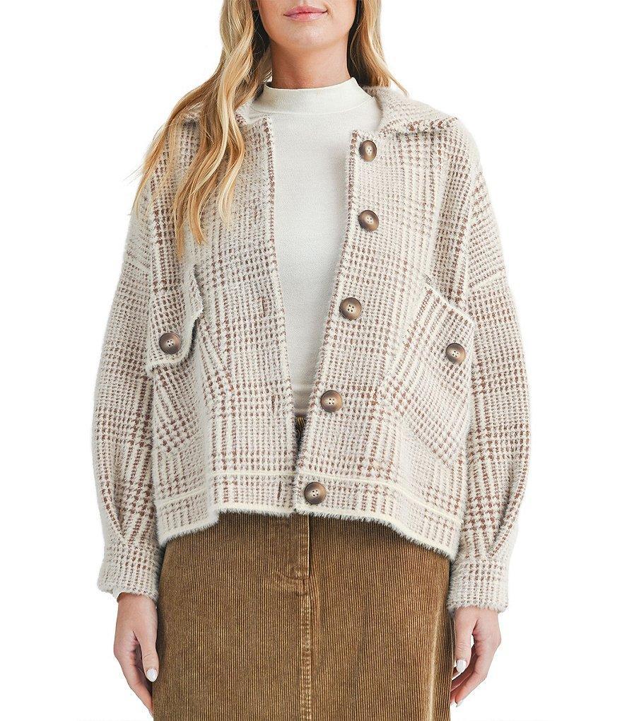 Sage The Label Lola Plaid Notch Collar Neck Long Sleeve Button Front Sweater Jacket Product Image