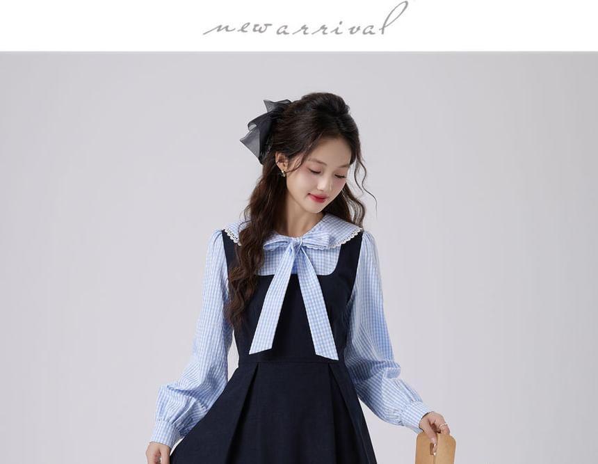 Long Sleeve Collared Plaid Bow Mock Two Piece Midi A-Line Dress Product Image