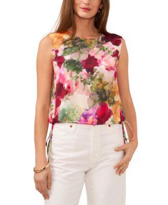 Vince Camuto Womens Floral Print Drawstring-Hem Sleeveless Top Product Image