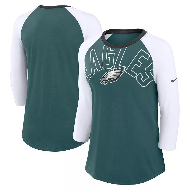 Nike Womens Midnight Green Philadelphia Eagles Knockout Arch Raglan Tri-Blend 3/4-Sleeve T-Shirt - Green, White Product Image