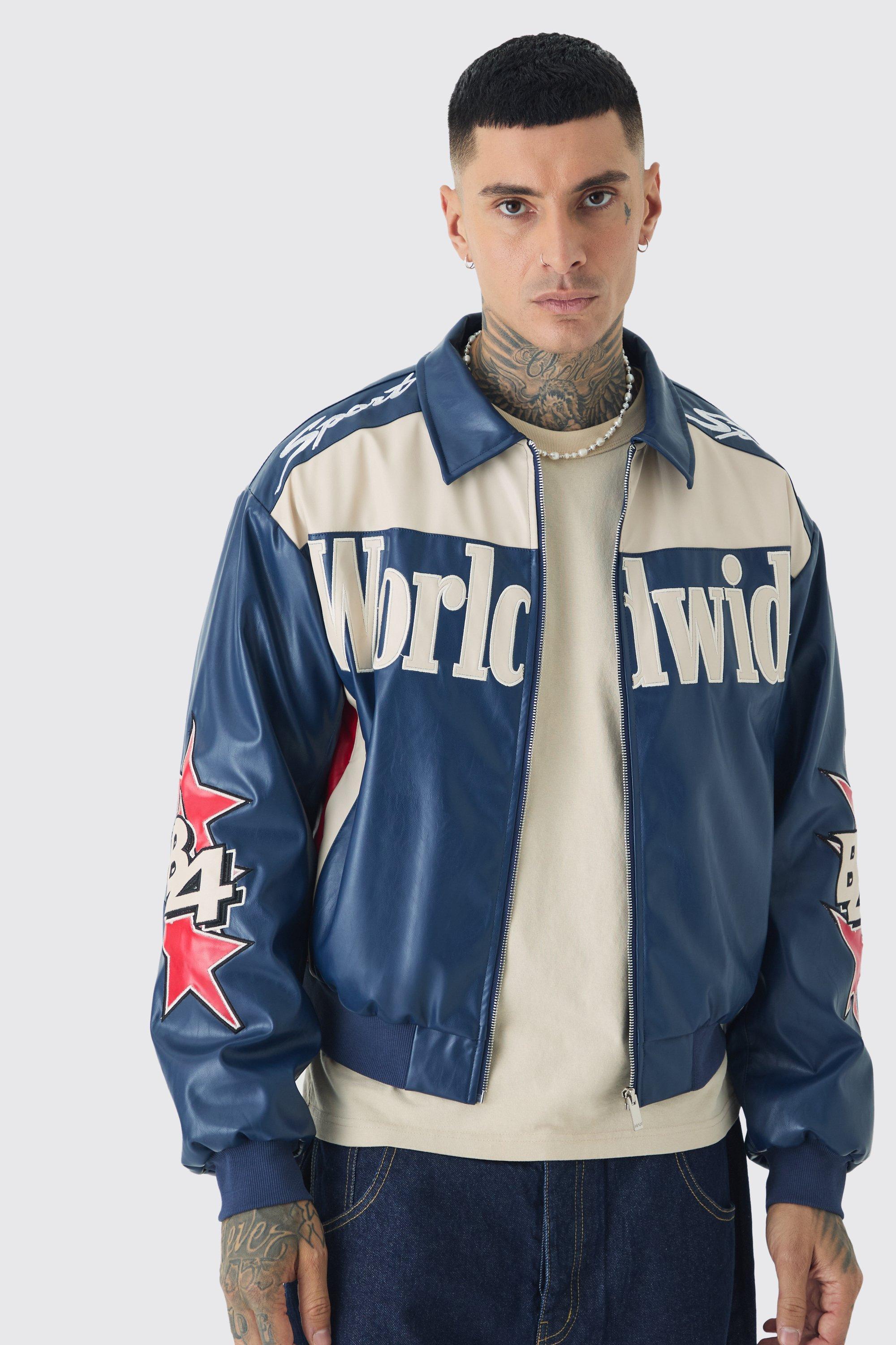 Tall Boxy Worldwide Collared PU Bomber Jacket In Blue | boohooMAN USA Product Image