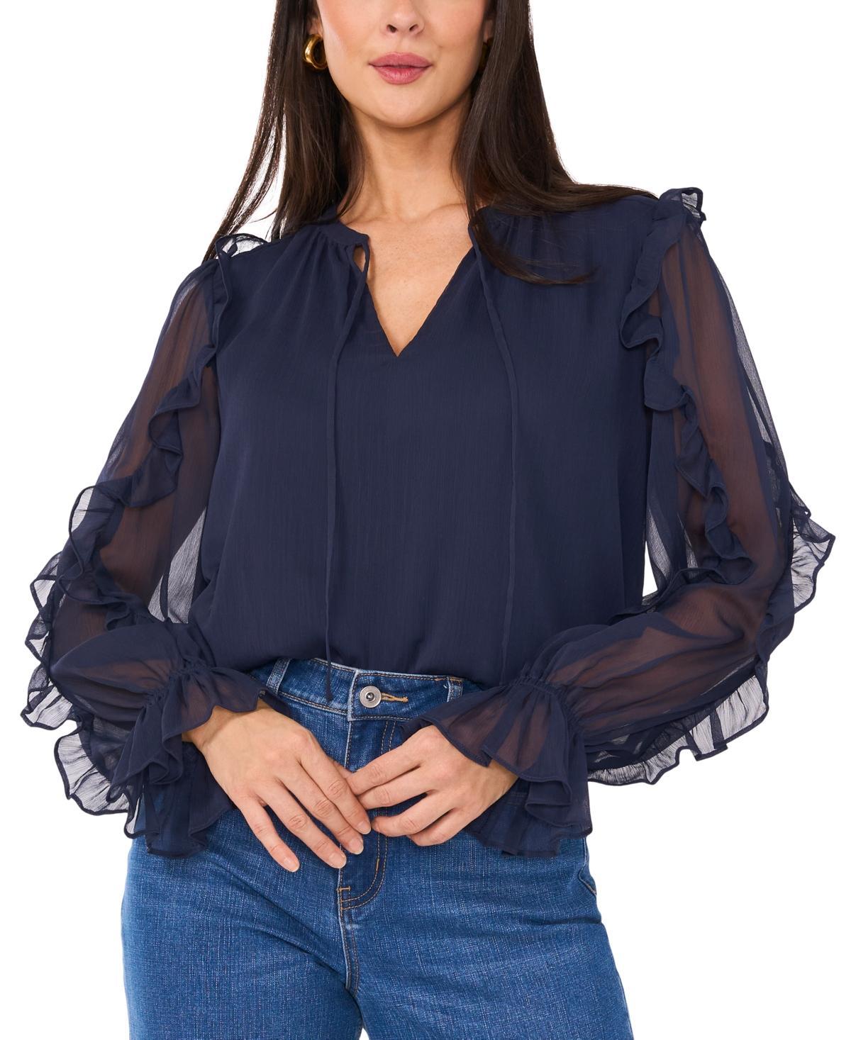 1.state Womens Tie-Neck Ruffled Sheer-Sleeve Blouse Product Image