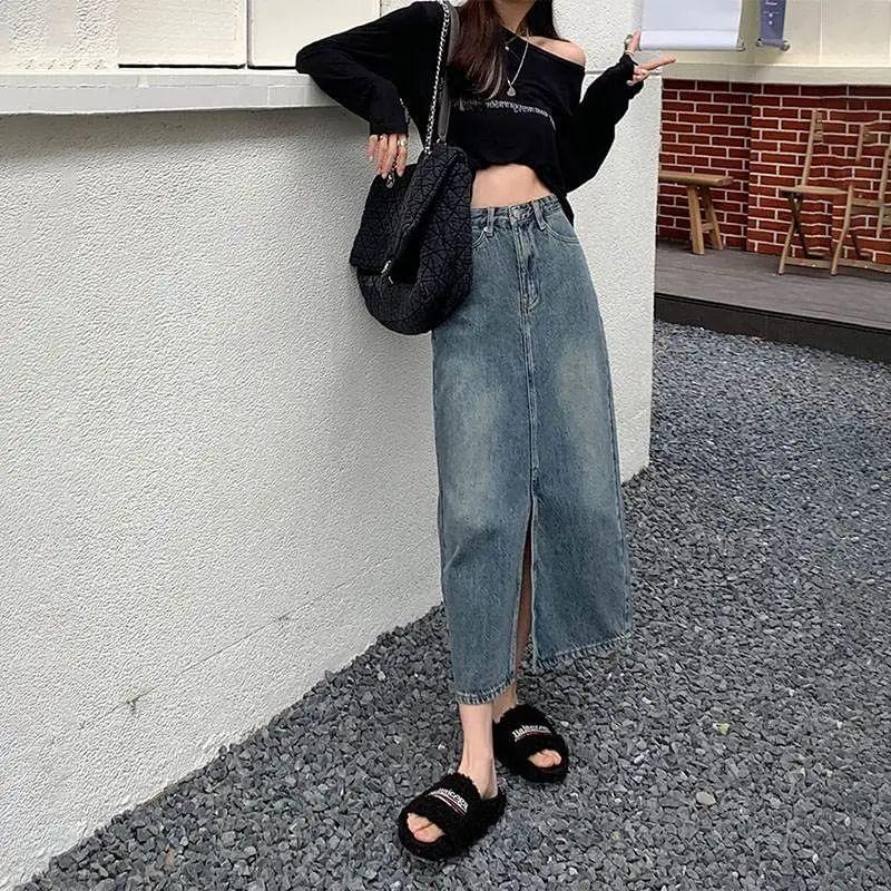 High Rise Slit Washed Denim Midi A-Line Skirt product image