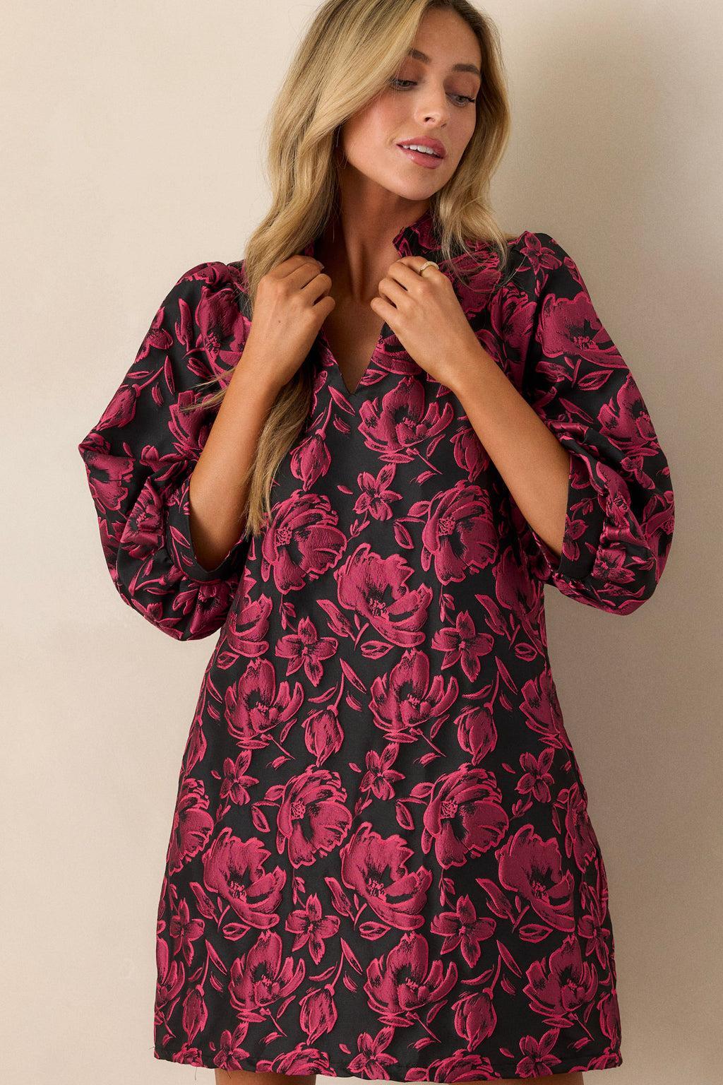 Divine Ways Dark Fuchsia Floral Jacquard Mini Dress Product Image