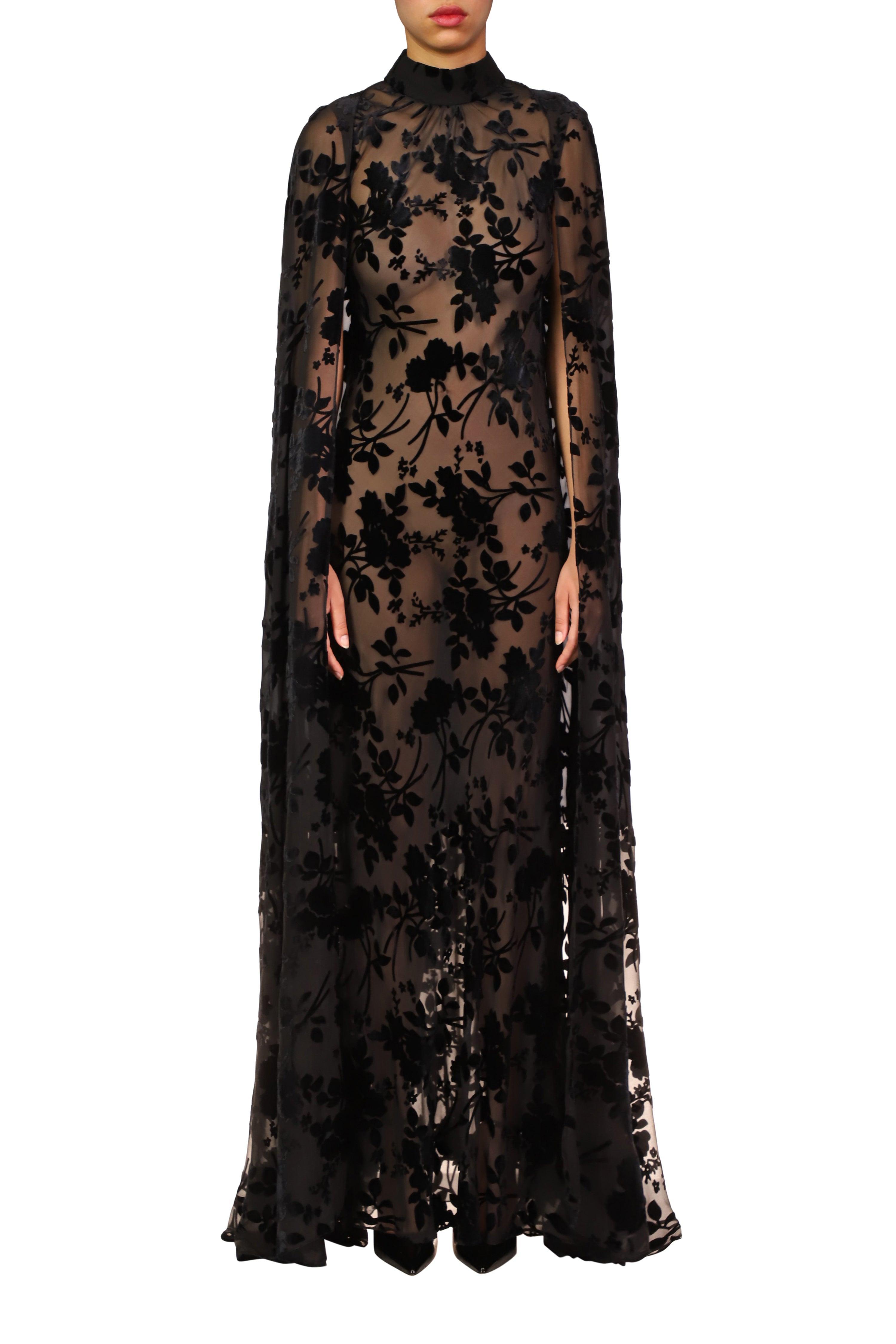 Black Burnout Velvet Cape Gown Product Image