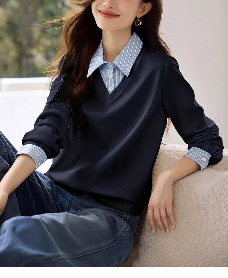 Mock Two-Piece Striped Panel Sweatshirt Product Image