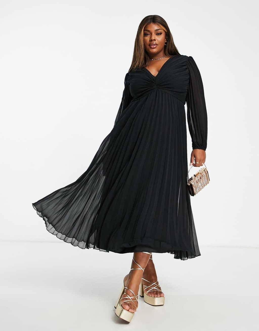 ASOS DESIGN Curve pleated bodice plunge neck midi dress in black Product Image