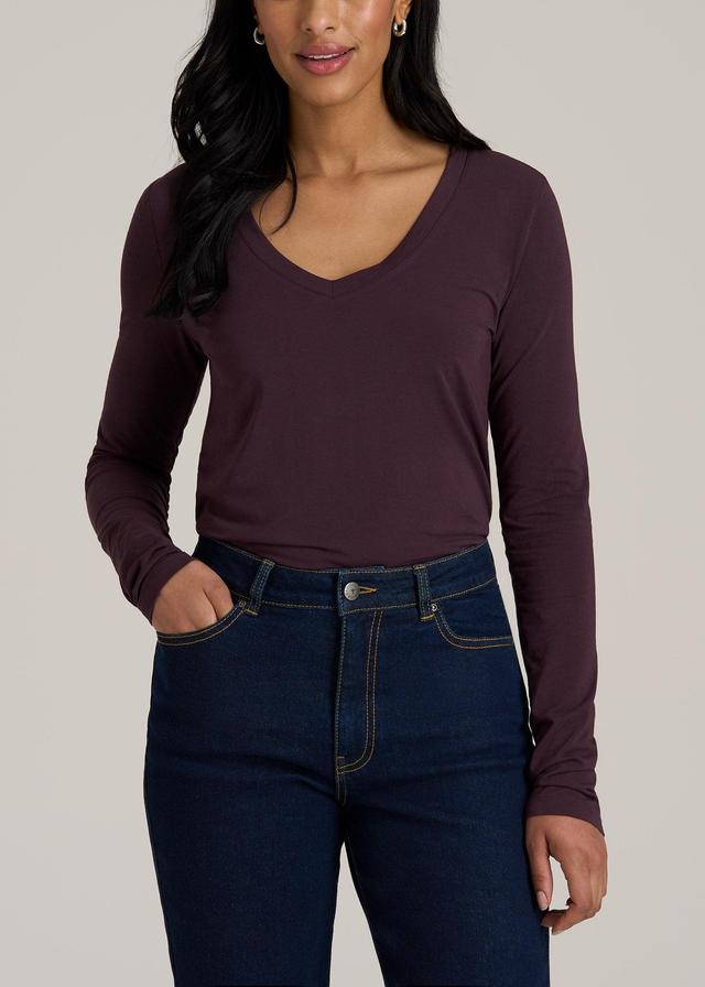 Long Sleeve Scoop V-Neck Tee Shirt for Tall Women in Deep Purple Female Product Image